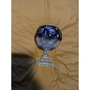 COBALT BLUE CUT TO CLEAR ROUND CRYSTAL VASE With Square Pedistal Base